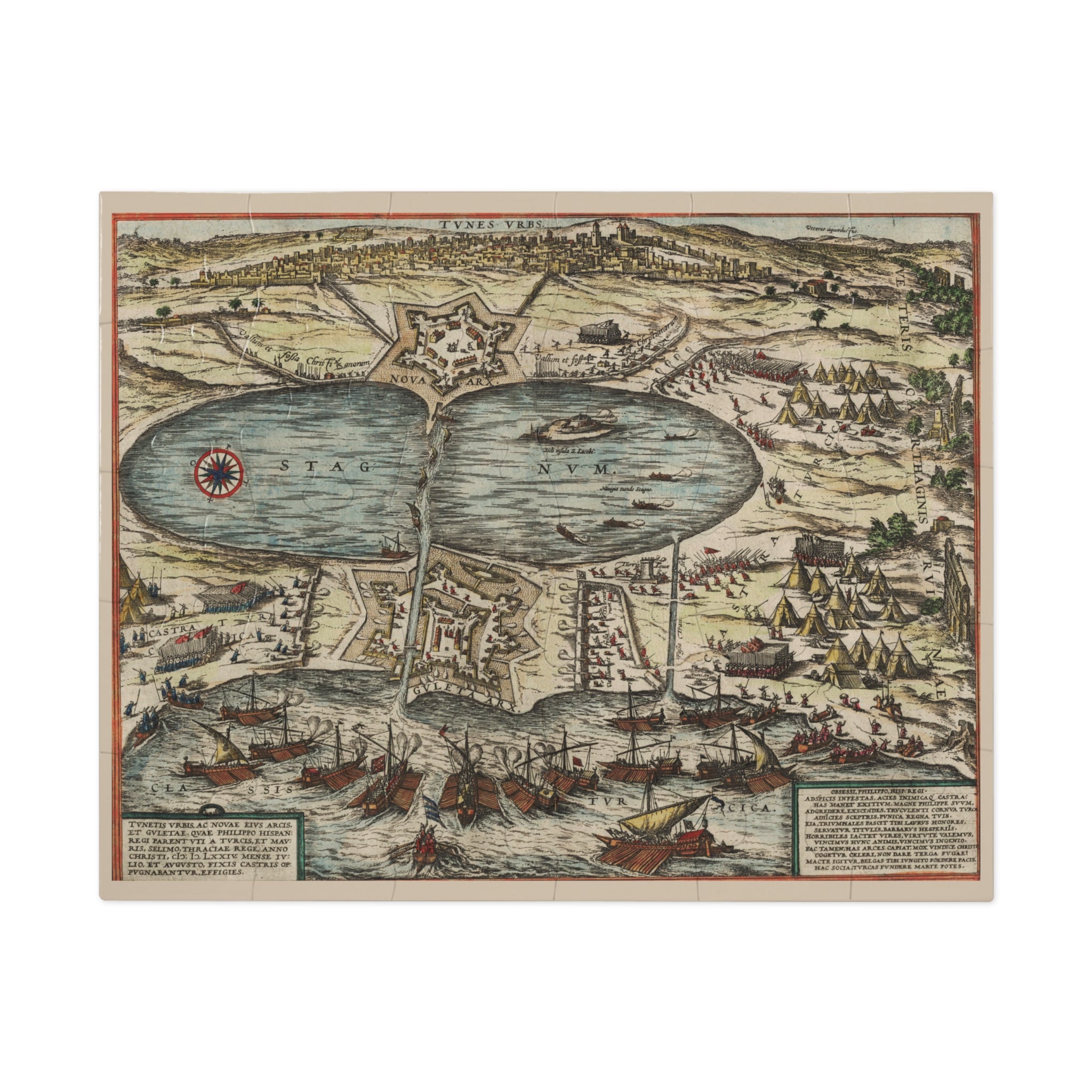 Tunis City Map Battle Scene Jigsaw Puzzle with Tin — Historic Harbor Illustration