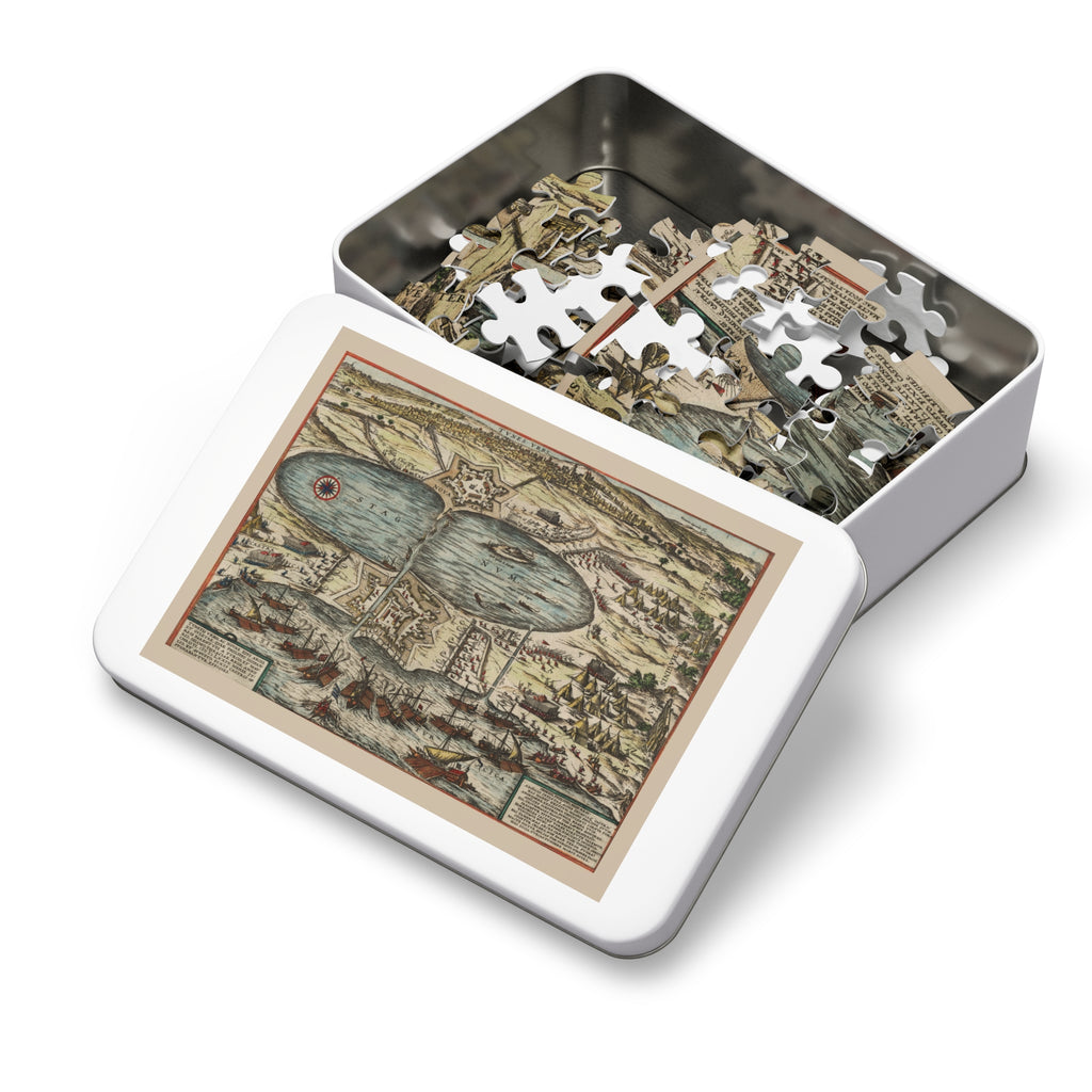 Tunis City Map Battle Scene Jigsaw Puzzle with Tin — Historic Harbor Illustration