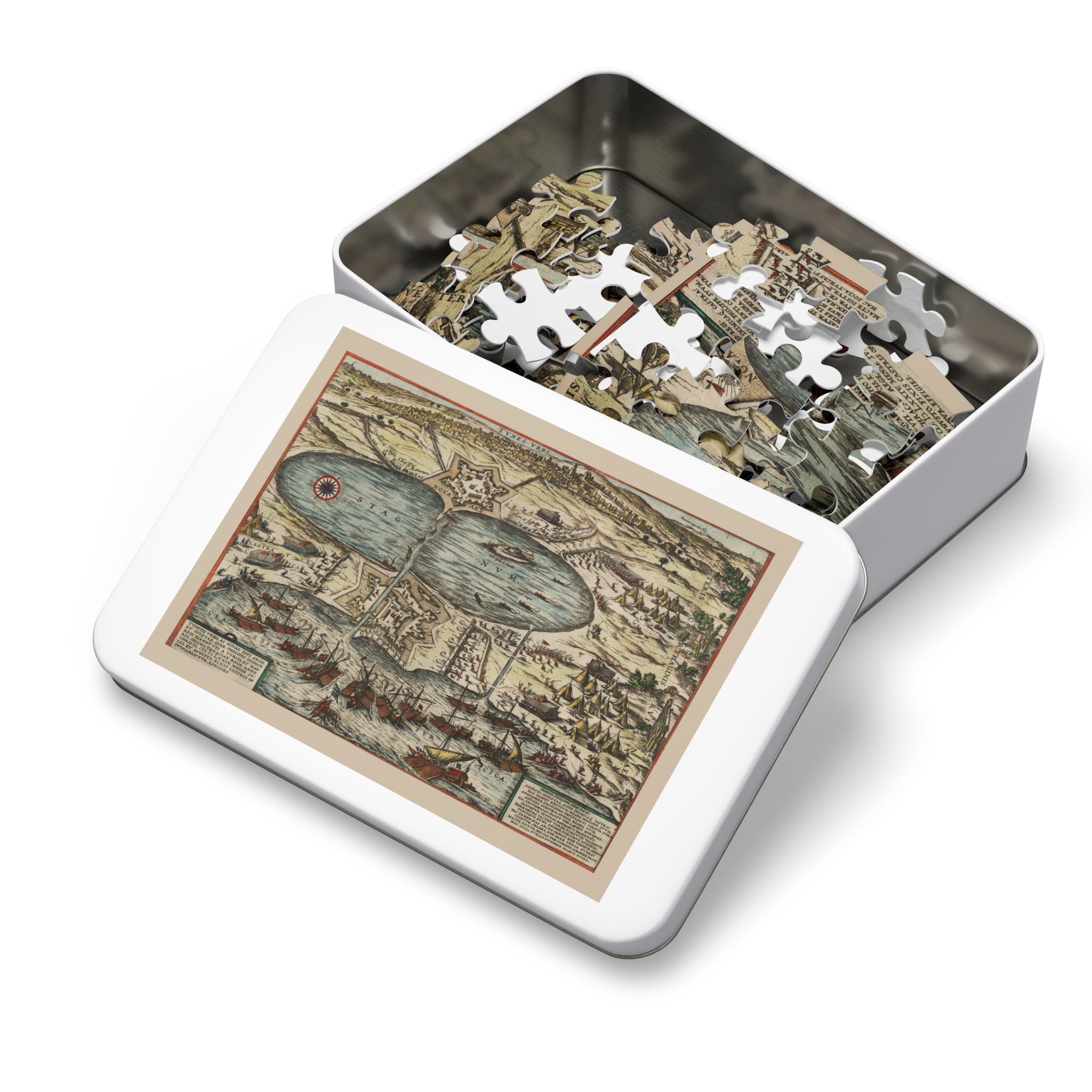 Tunis City Map Battle Scene Jigsaw Puzzle with Tin — Historic Harbor Illustration