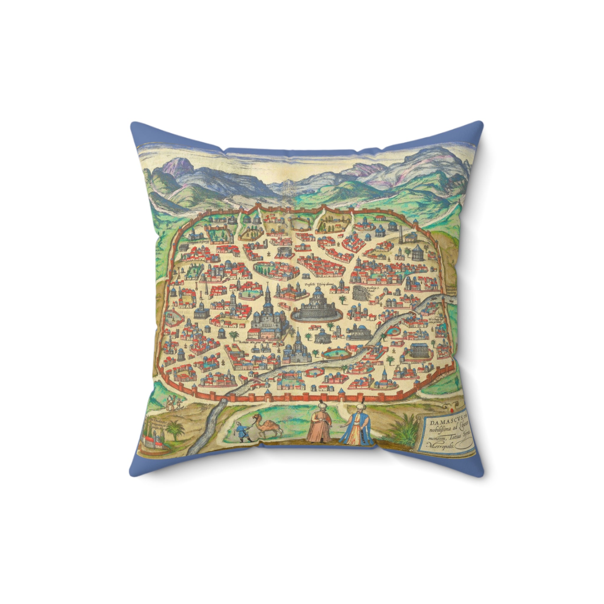 Antique Damascus Syria Birdseye City Map Pillow | Vintage Illustrated Map Decorative Pillow