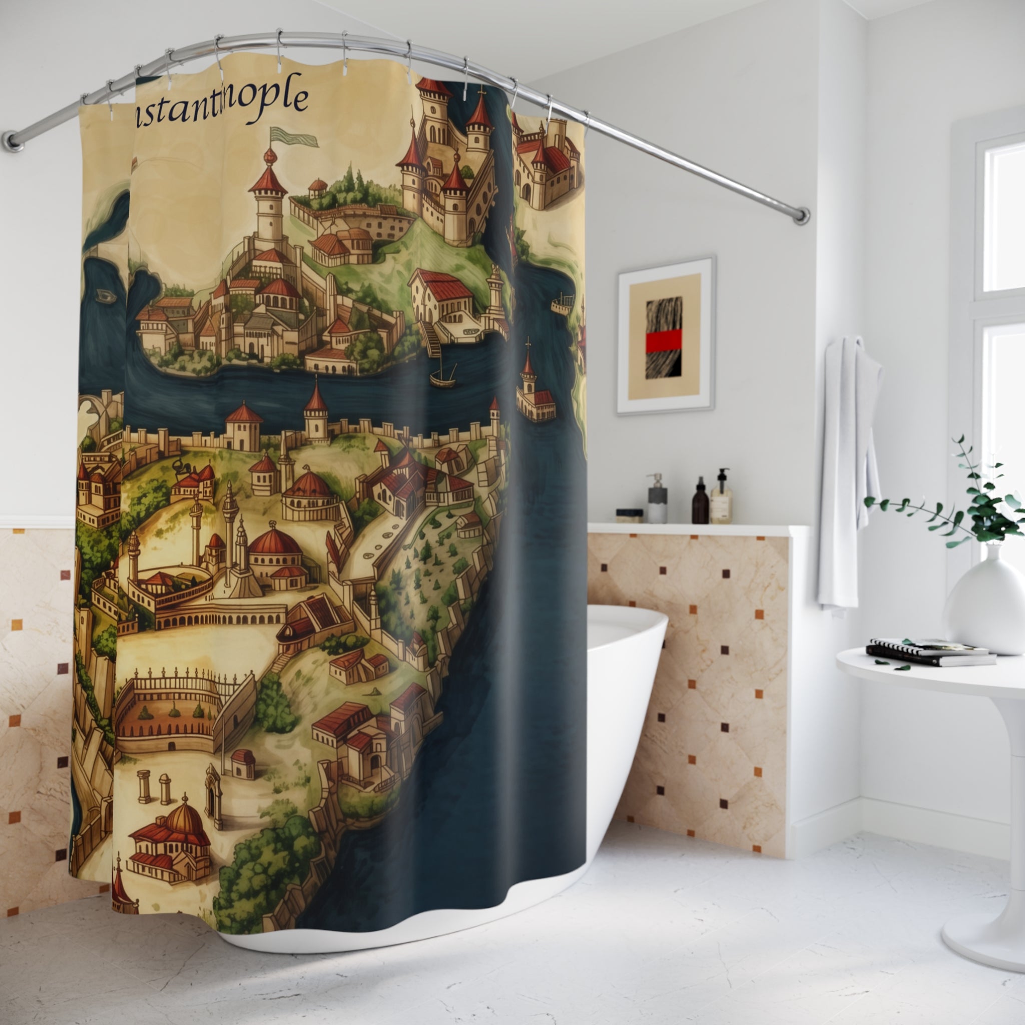 Constantinople Map Shower Curtain — Vintage Istanbul Cityscape Bathroom Decor