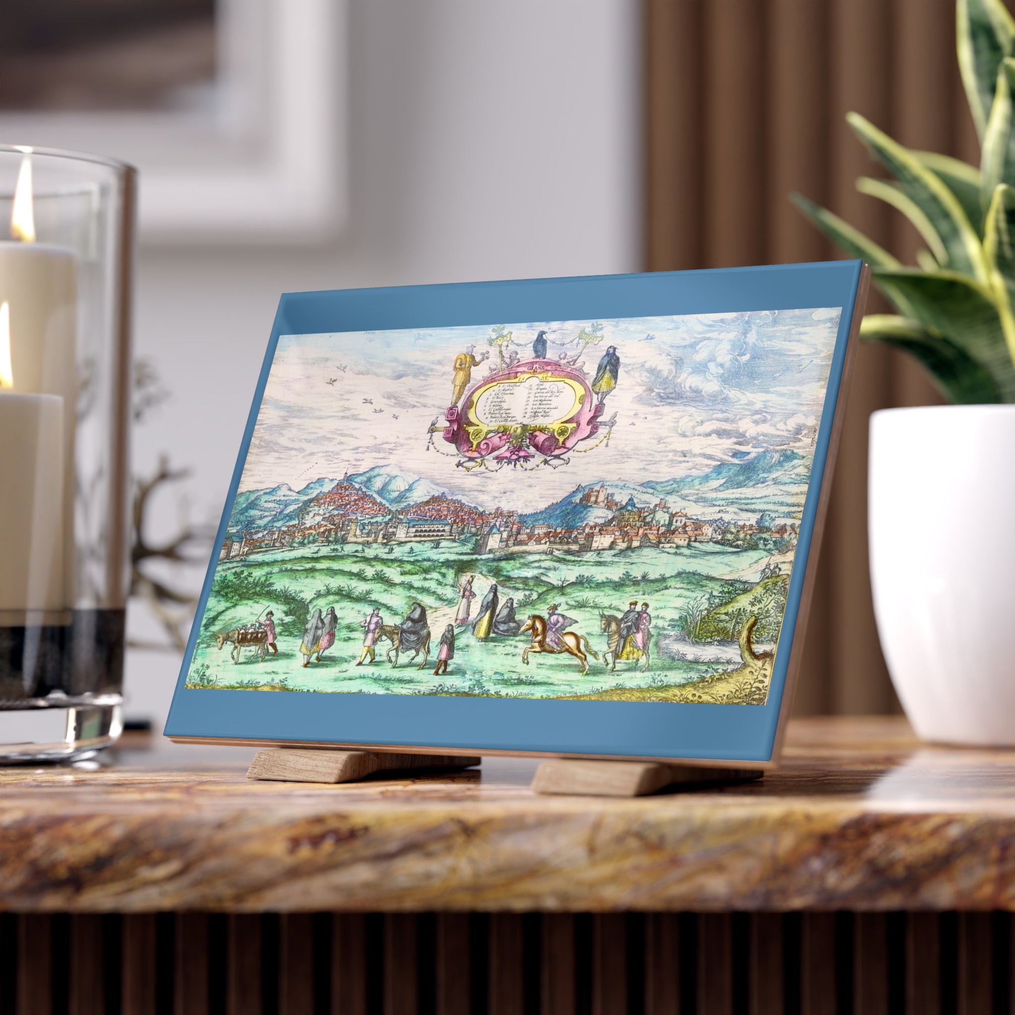 Granada Hand-Colored City View Ceramic Photo Tile | Antique Spanish Cityscape Illustration